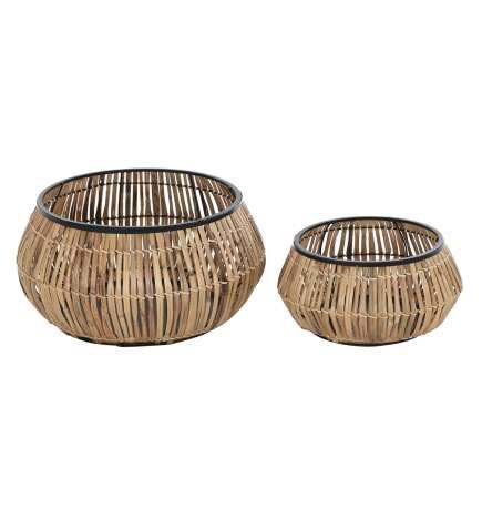 Set di Vasi DKD Home Decor Nero Naturale Metallo Rattan Quadrato Bali 50 x 50 x 25,4 cm (2 Unità)